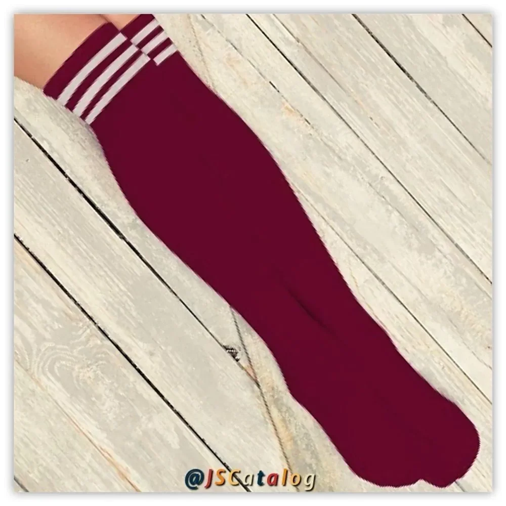 Wine Red w/ White Stripes Cotton Thigh High Socks